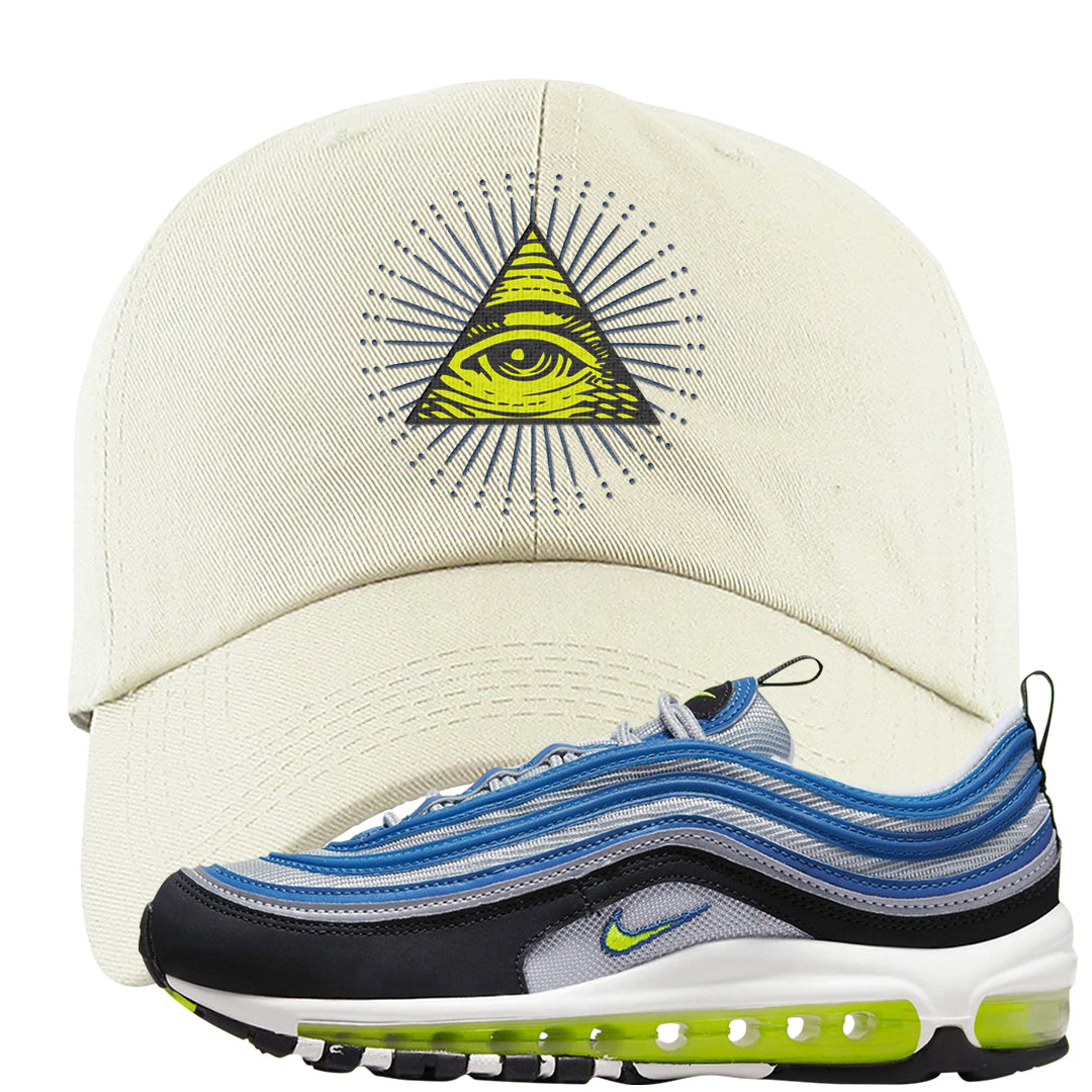 Atlantic Blue Voltage Yellow 97s Dad Hat | All Seeing Eye, White