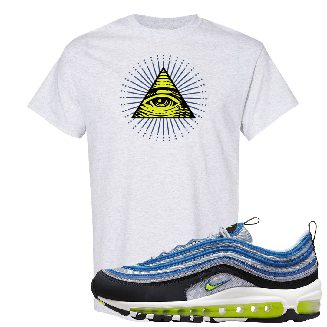 Atlantic Blue Voltage Yellow 97s T Shirt | All Seeing Eye, Ash