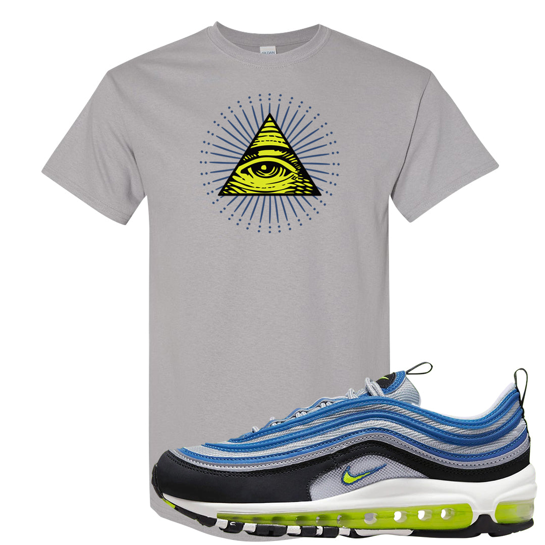 Atlantic Blue Voltage Yellow 97s T Shirt | All Seeing Eye, Gravel