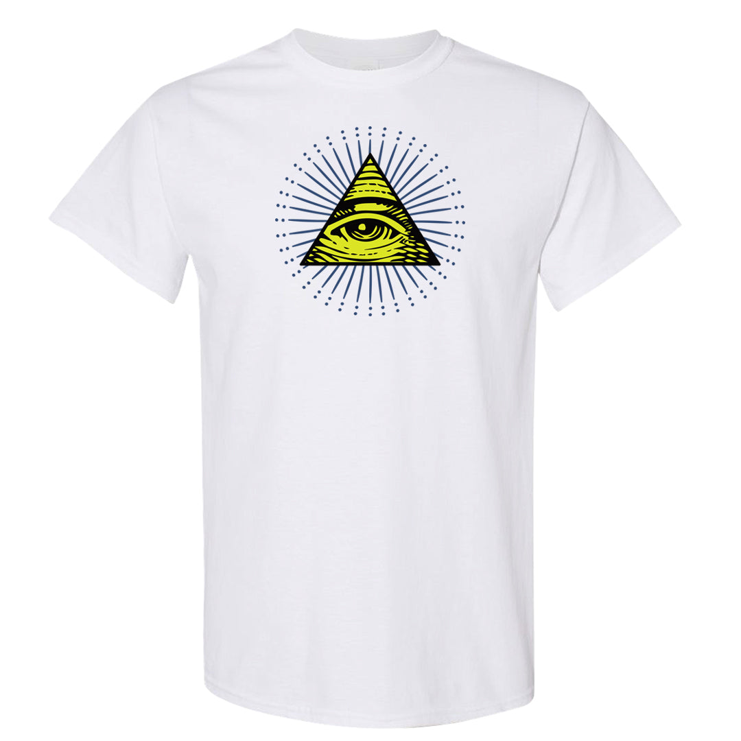 Atlantic Blue Voltage Yellow 97s T Shirt | All Seeing Eye, White