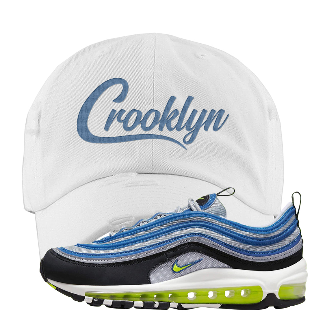 Atlantic Blue Voltage Yellow 97s Distressed Dad Hat | Crooklyn, White