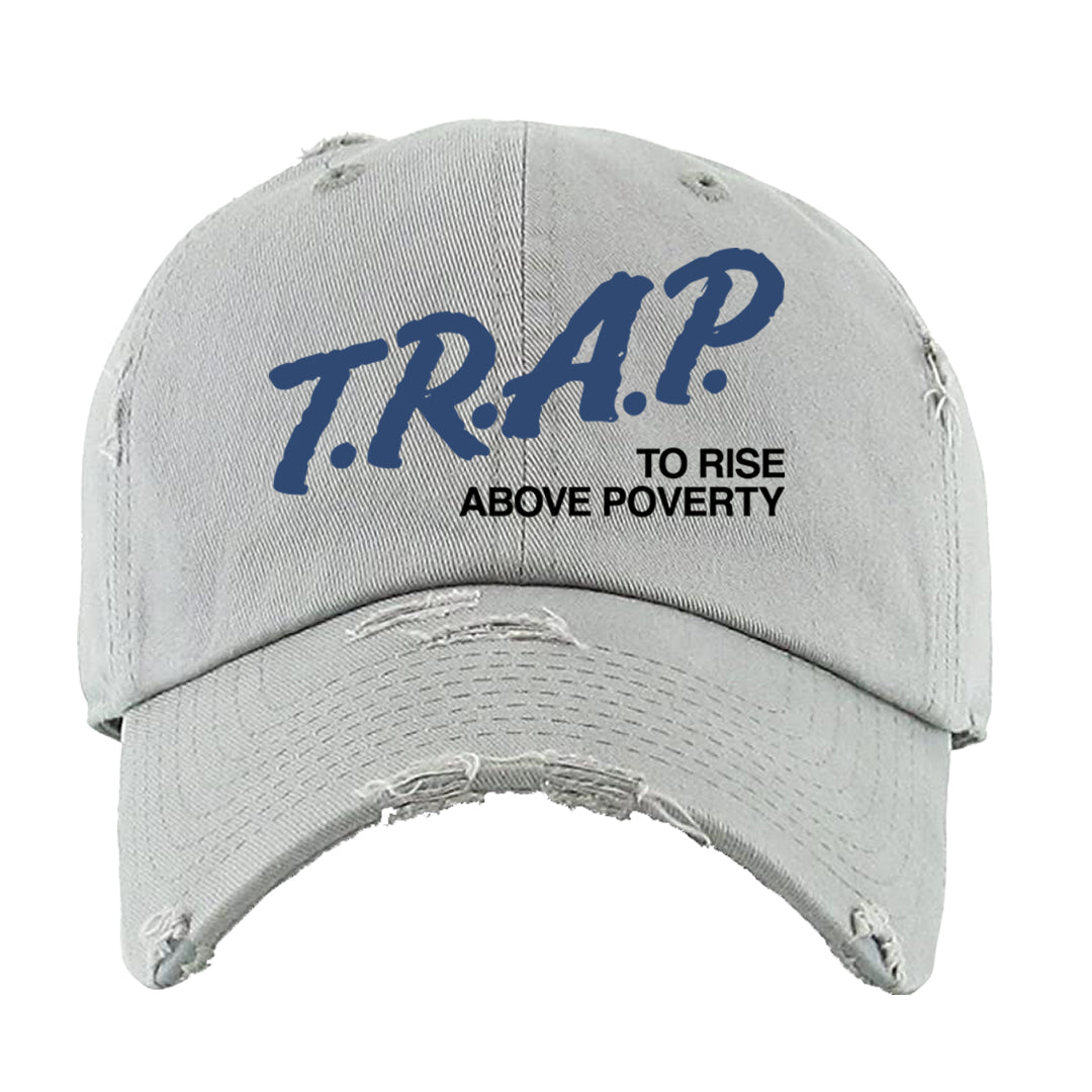 Atlantic Blue Voltage Yellow 97s Distressed Dad Hat | Trap To Rise Above Poverty, Light Grey