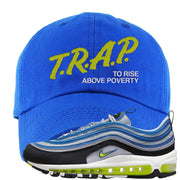 Atlantic Blue Voltage Yellow 97s Distressed Dad Hat | Trap To Rise Above Poverty, Royal