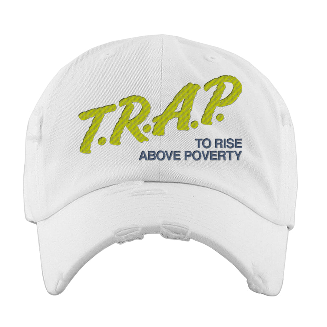 Atlantic Blue Voltage Yellow 97s Distressed Dad Hat | Trap To Rise Above Poverty, White