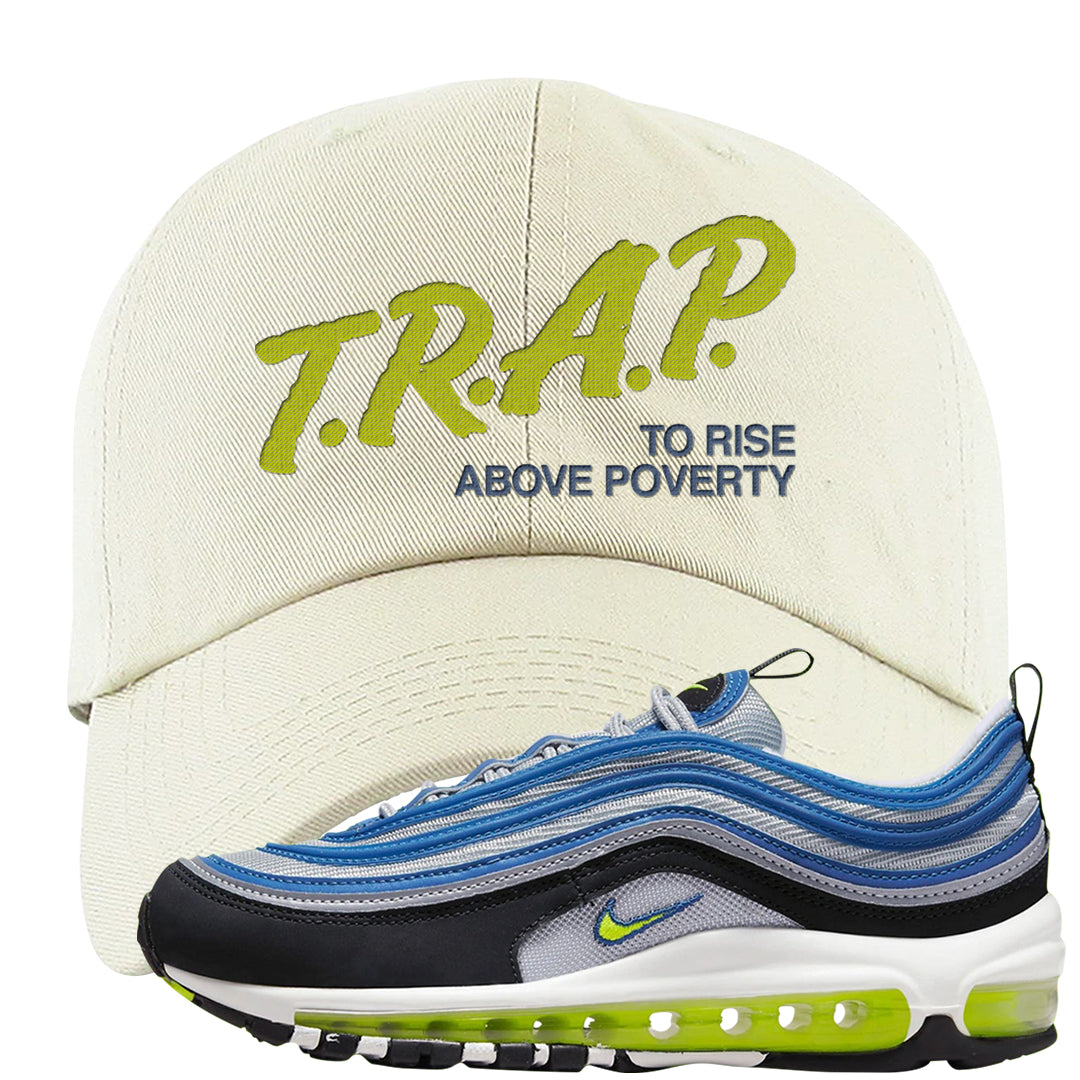 Atlantic Blue Voltage Yellow 97s Dad Hat | Trap To Rise Above Poverty, White