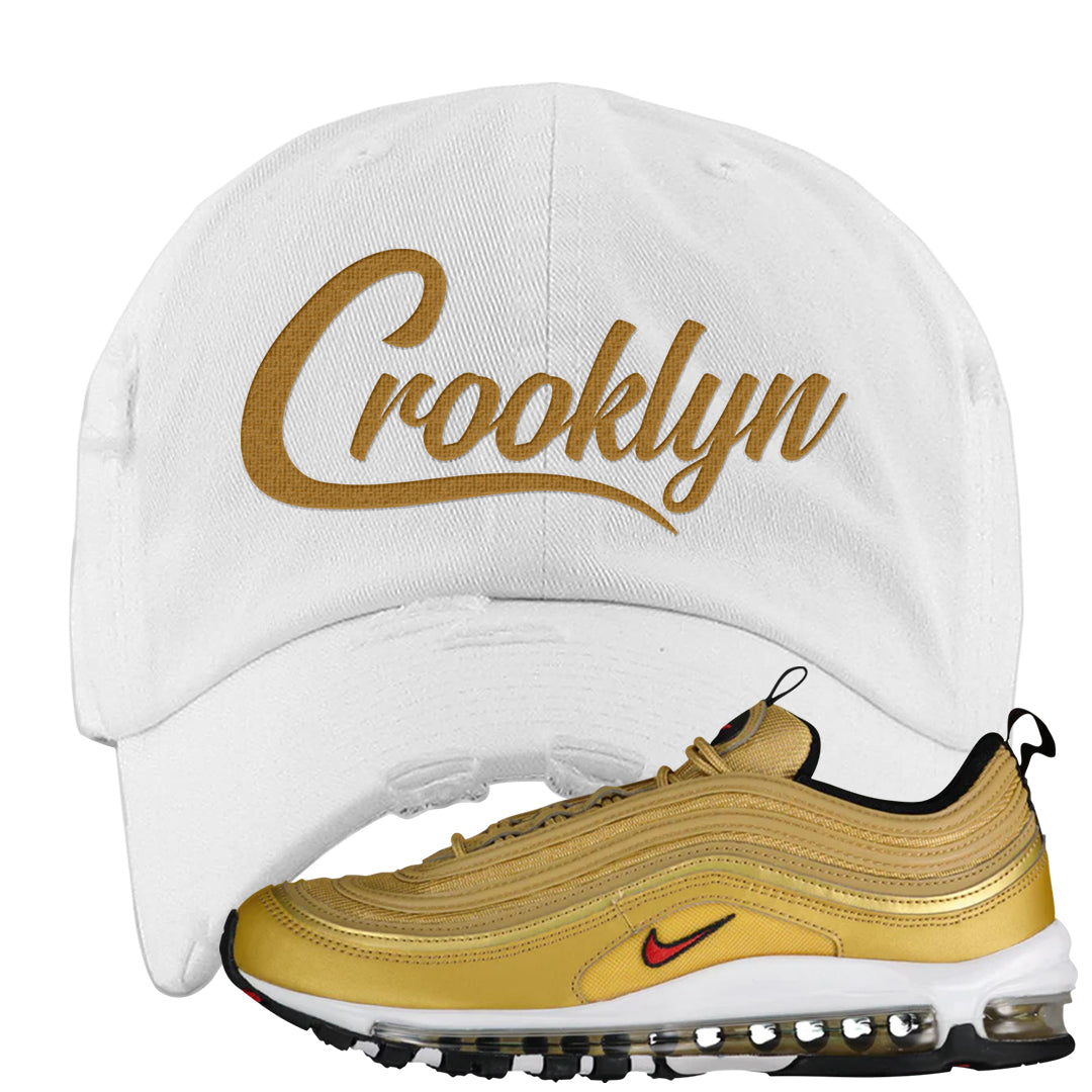 Gold Bullet 97s Distressed Dad Hat | Crooklyn, White