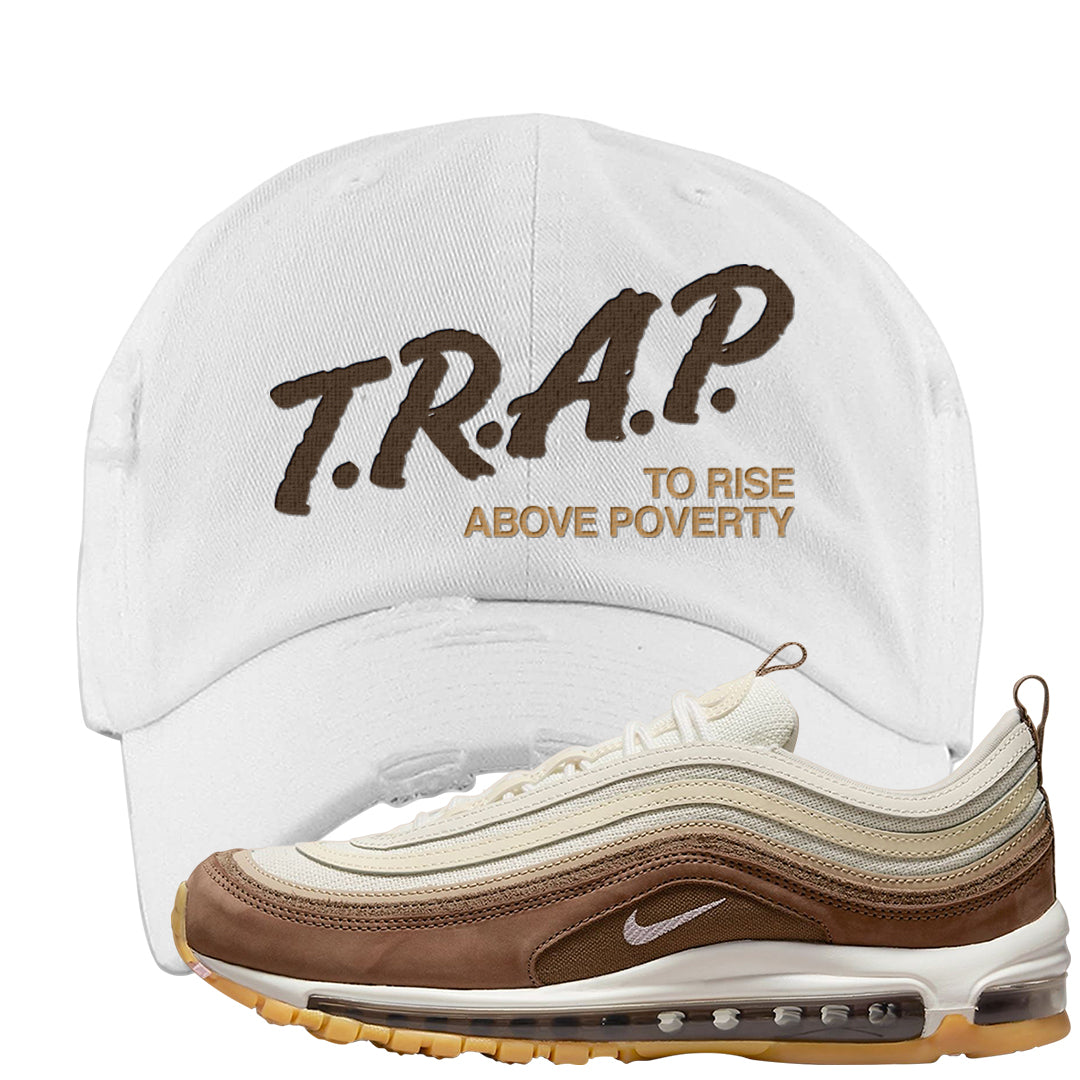 Mushroom Muslin 97s Distressed Dad Hat | Trap To Rise Above Poverty, White