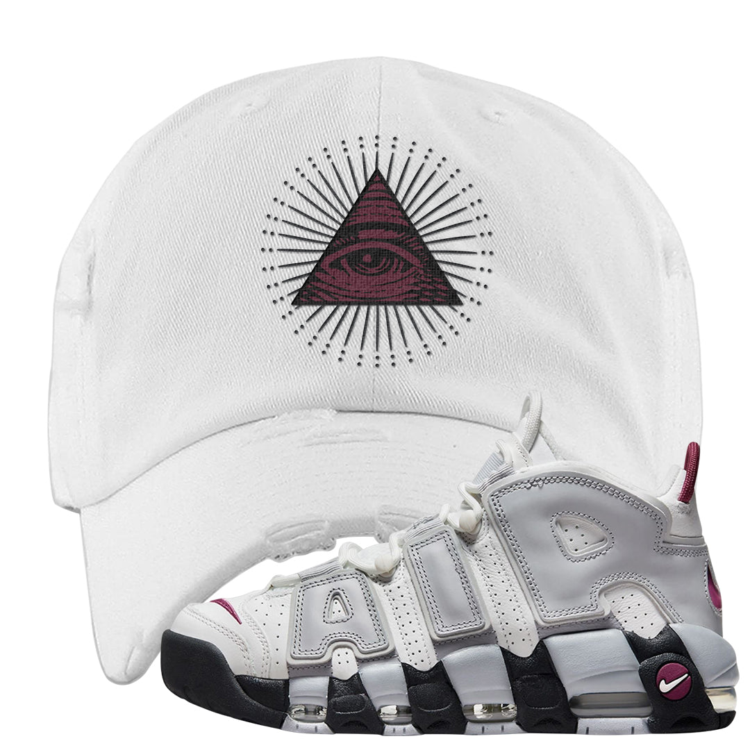 Summit White Rosewood More Uptempos Distressed Dad Hat | All Seeing Eye, White