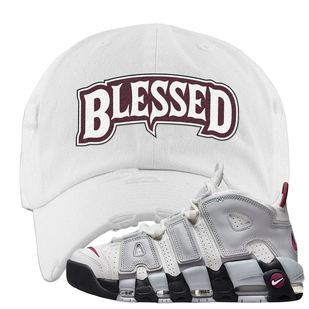 Summit White Rosewood More Uptempos Distressed Dad Hat | Blessed Arch, White