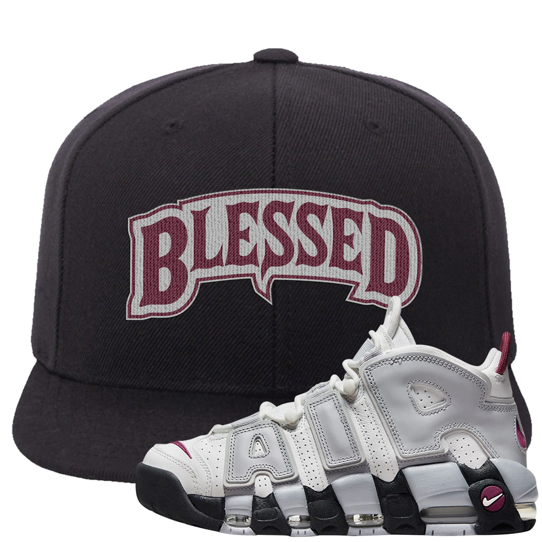 Summit White Rosewood More Uptempos Snapback Hat | Blessed Arch, Black