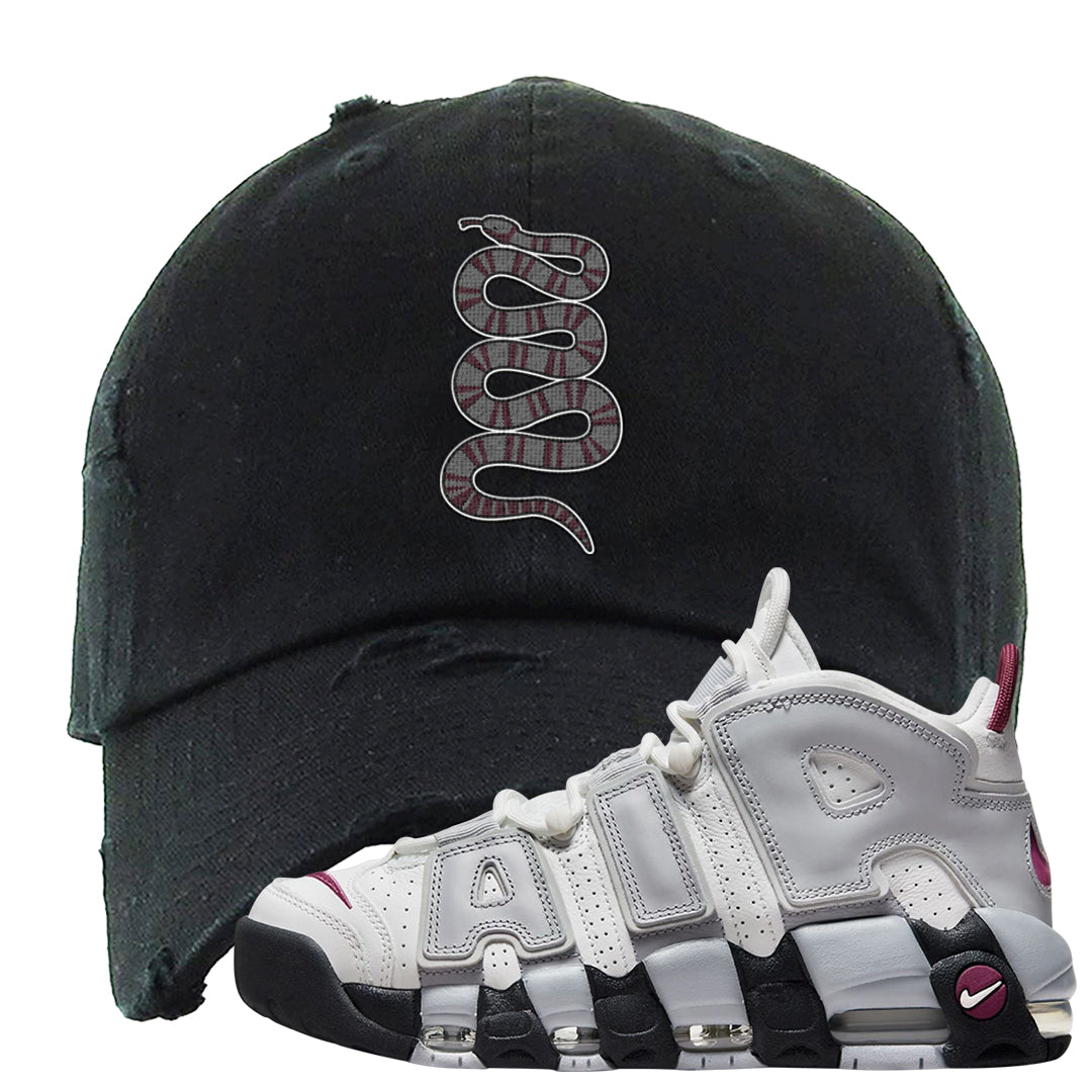Summit White Rosewood More Uptempos Distressed Dad Hat | Coiled Snake, Black