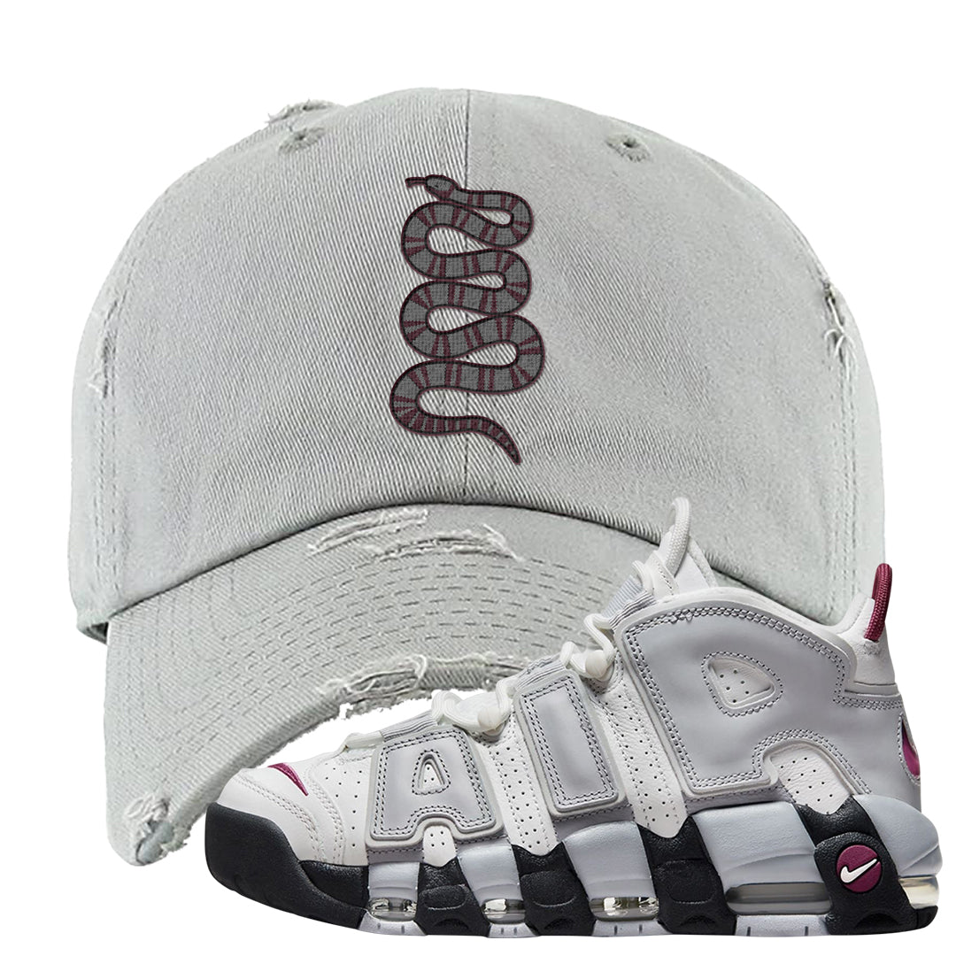 Summit White Rosewood More Uptempos Distressed Dad Hat | Coiled Snake, Light Gray