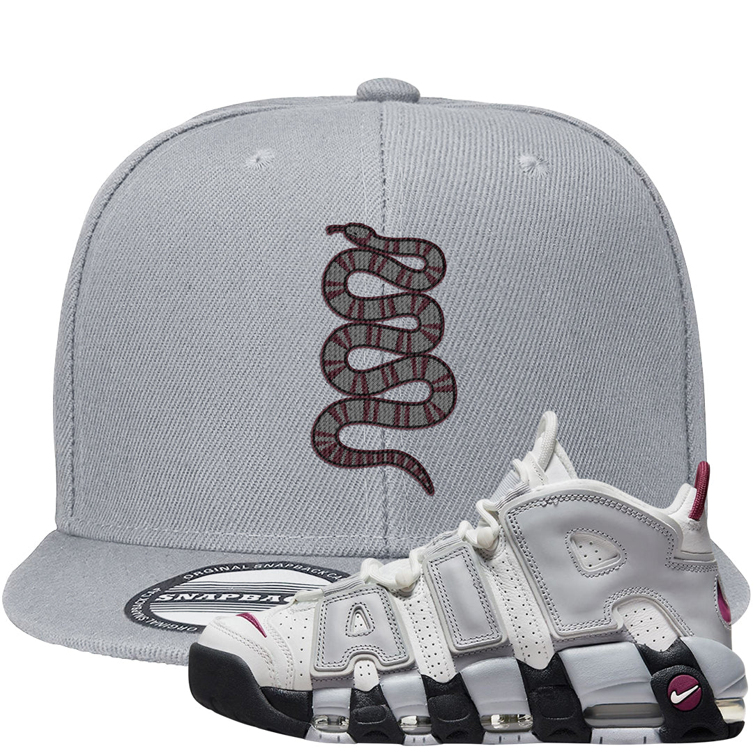 Summit White Rosewood More Uptempos Snapback Hat | Coiled Snake, Light Gray