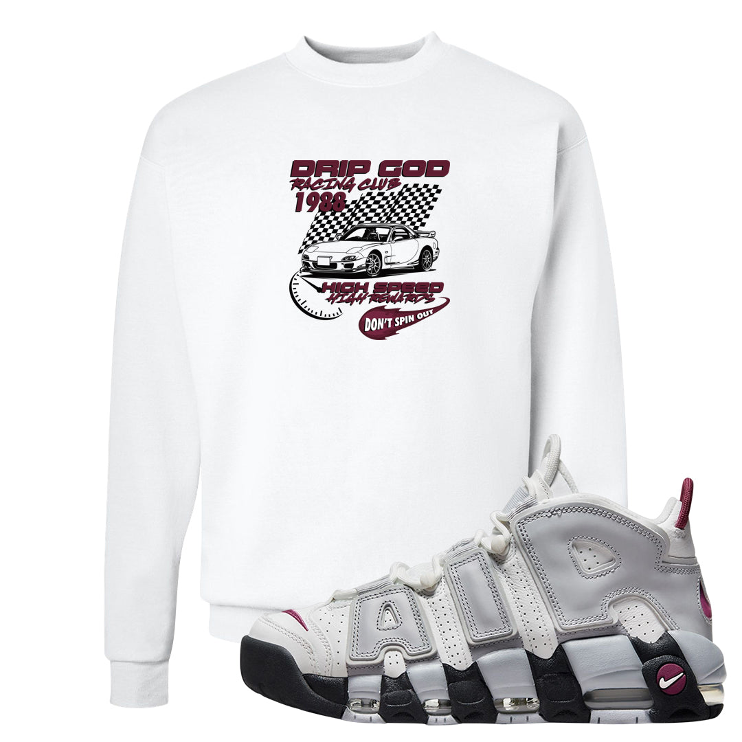 Summit White Rosewood More Uptempos Crewneck Sweatshirt | Drip God Racing Club, White