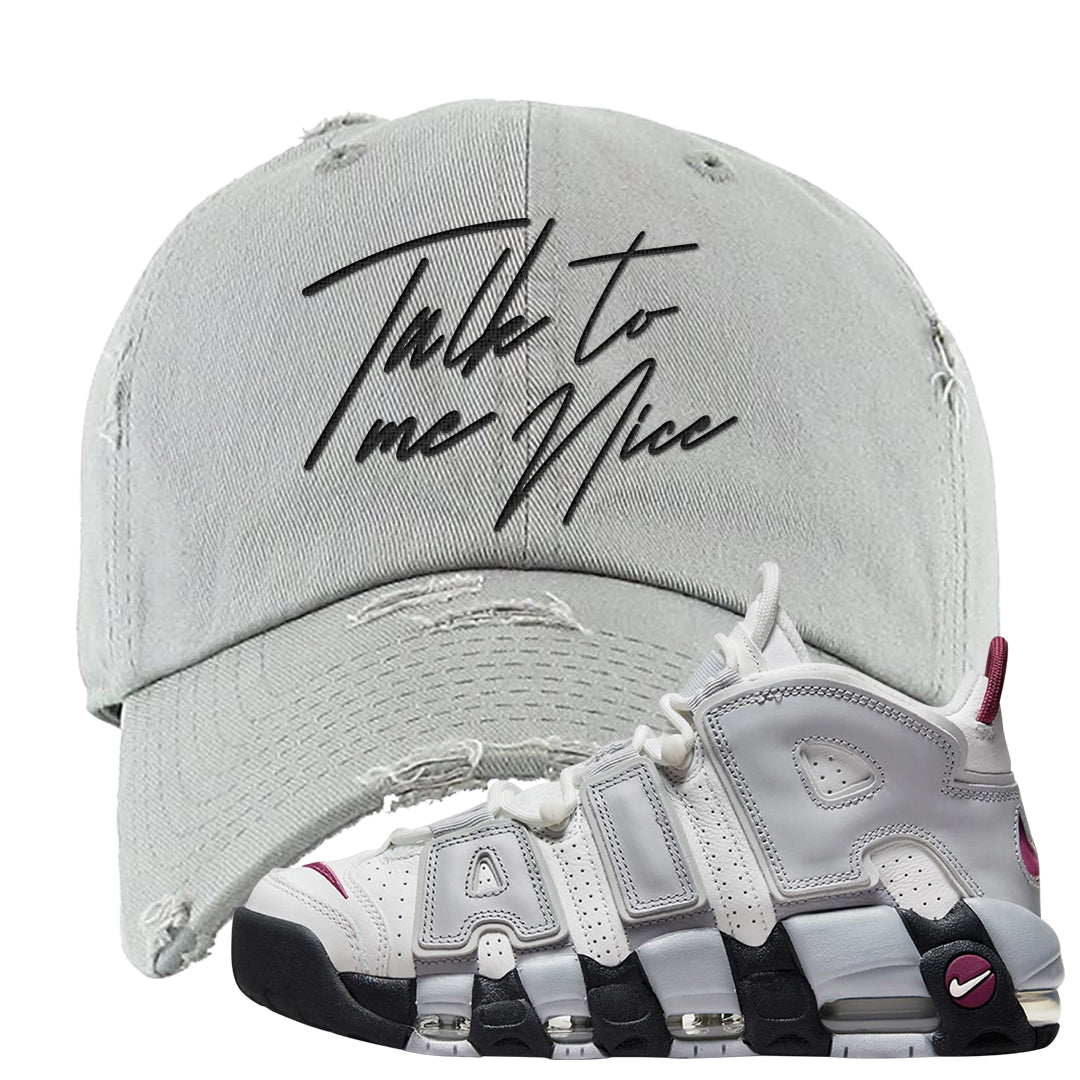 Summit White Rosewood More Uptempos Distressed Dad Hat | Talk To Me Nice, Light Gray