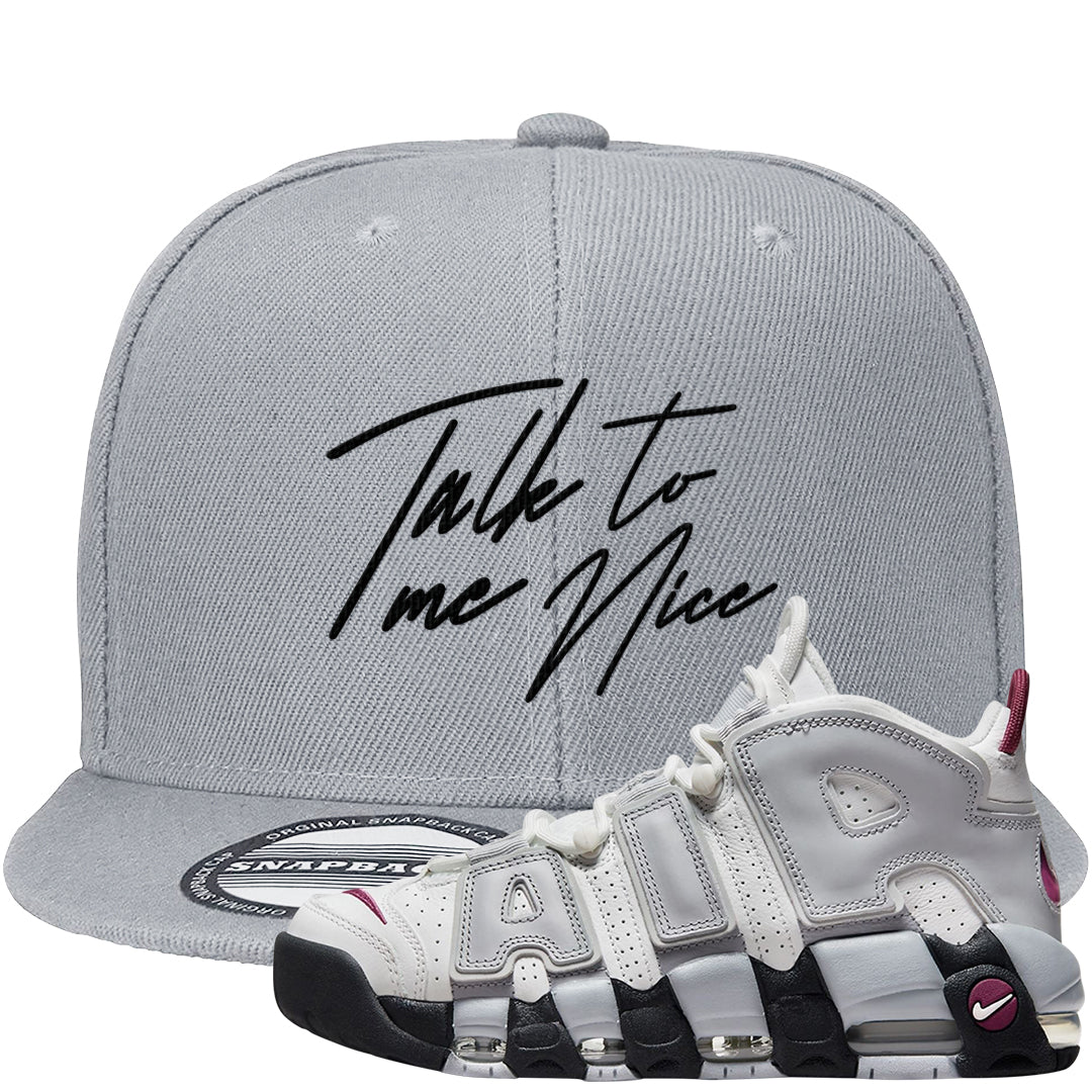 Summit White Rosewood More Uptempos Snapback Hat | Talk To Me Nice, Light Gray