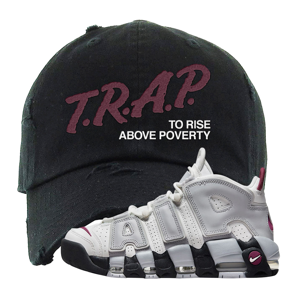 Summit White Rosewood More Uptempos Distressed Dad Hat | Trap To Rise Above Poverty, Black