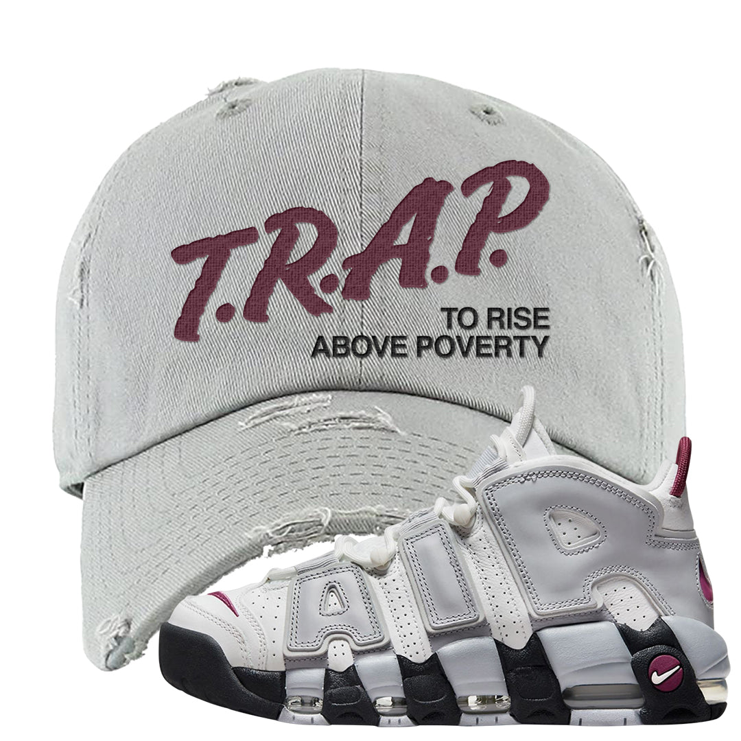 Summit White Rosewood More Uptempos Distressed Dad Hat | Trap To Rise Above Poverty, Light Gray