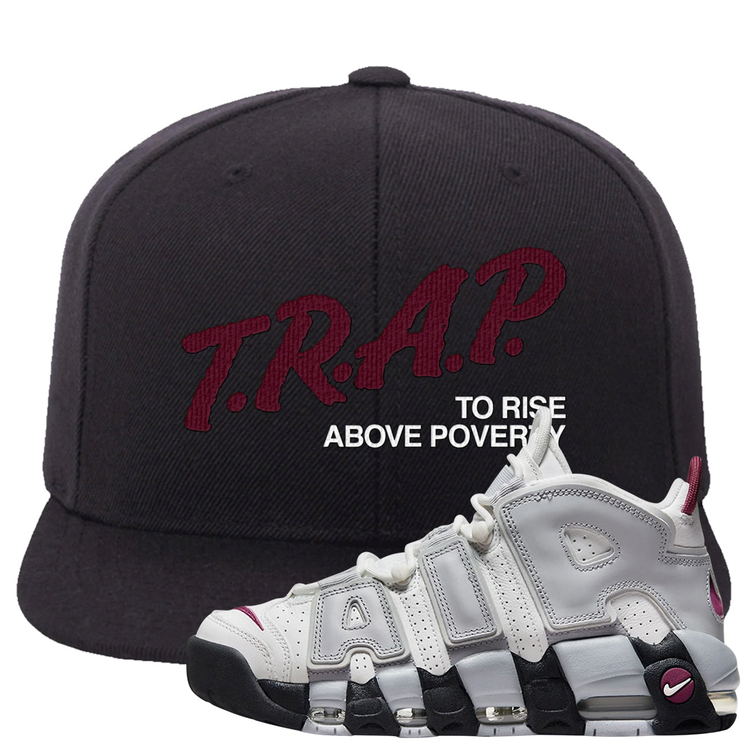 Summit White Rosewood More Uptempos Snapback Hat | Trap To Rise Above Poverty, Black