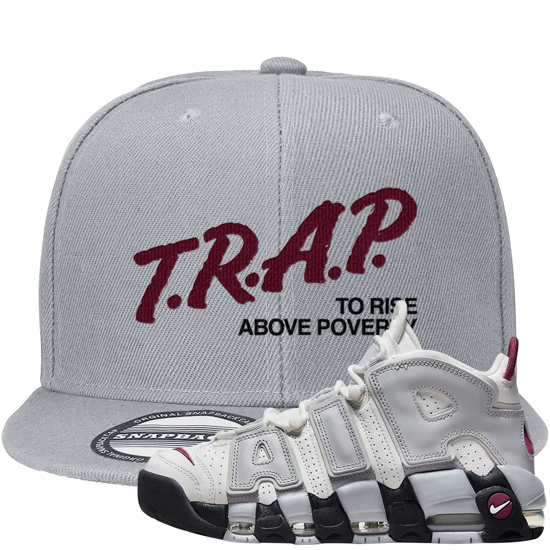 Summit White Rosewood More Uptempos Snapback Hat | Trap To Rise Above Poverty, Light Gray