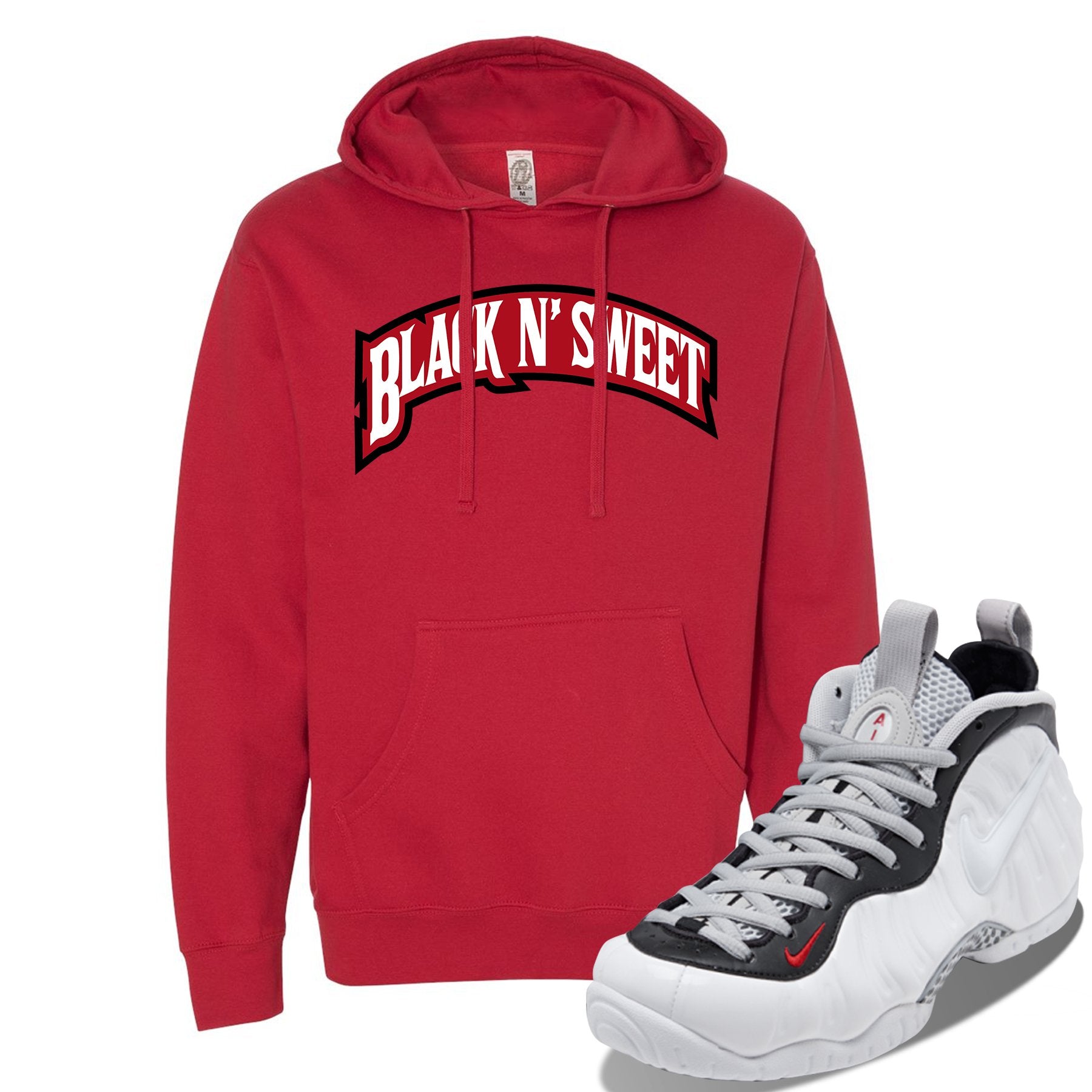 Foamposite Pro White Black University Red Sneaker Red Pullover Hoodie | Hoodie to match Nike Air Foamposite Pro White Black University Red Shoes | Black N Sweet Arch