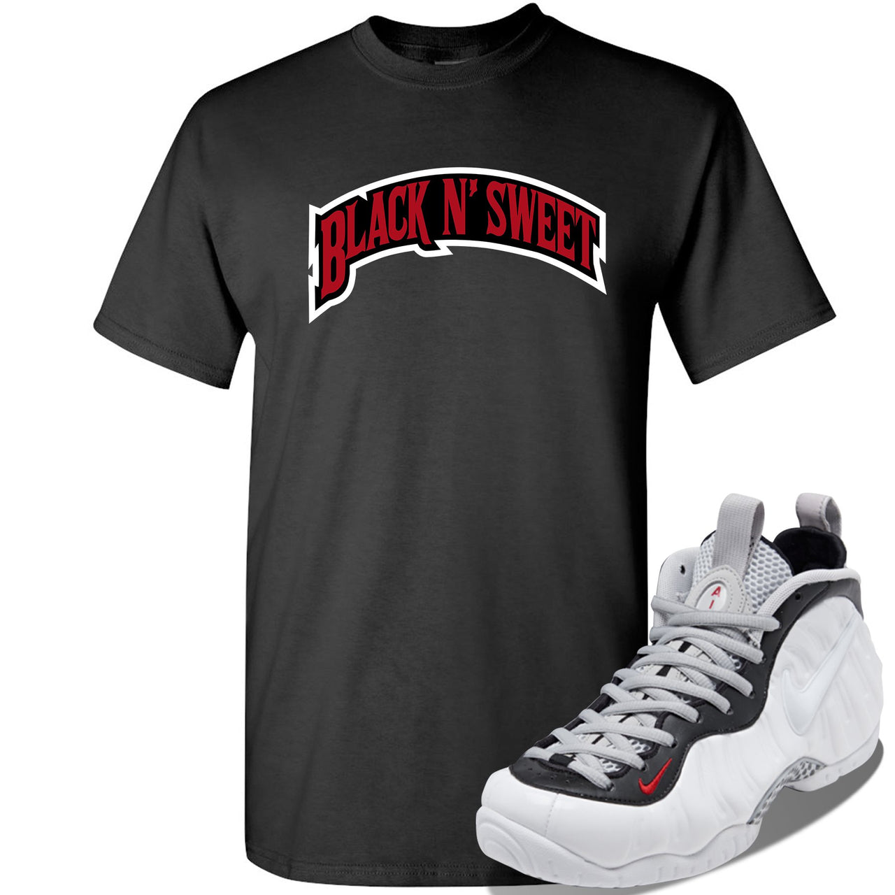 Foamposite Pro White Black University Red Sneaker Black T Shirt | Tees to match Nike Air Foamposite Pro White Black University Red Shoes | Black N Sweet Arch