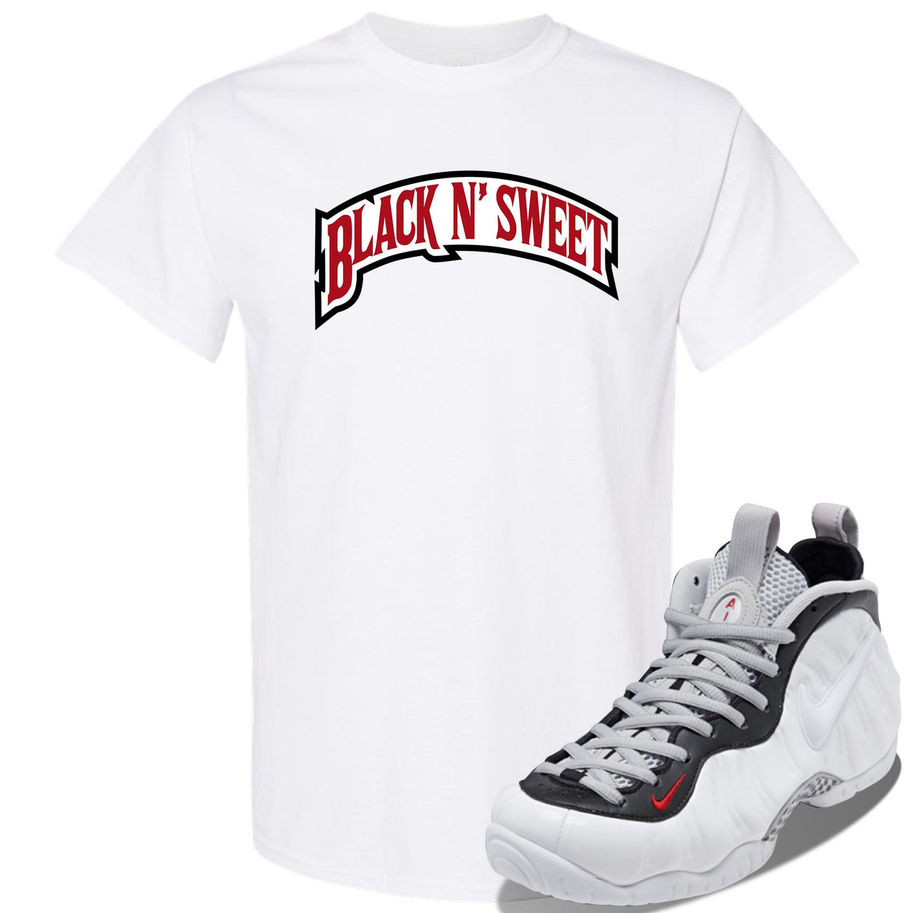 Foamposite Pro White Black University Red Sneaker White T Shirt | Tees to match Nike Air Foamposite Pro White Black University Red Shoes | Black N Sweet Arch
