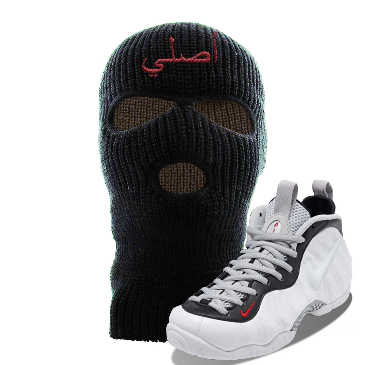 Foamposite Pro White Black University Red Sneaker Black Ski Mask | Winter Mask to match Nike Air Foamposite Pro White Black University Red Shoes | Original Arabic