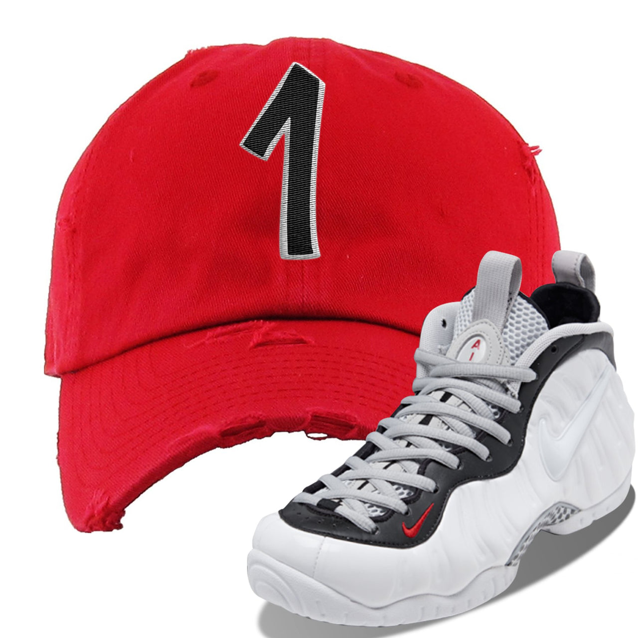 Foamposite Pro White Black University Red Sneaker Red Distressed Dad Hat | Hat to match Nike Air Foamposite Pro White Black University Red Shoes | Penny One