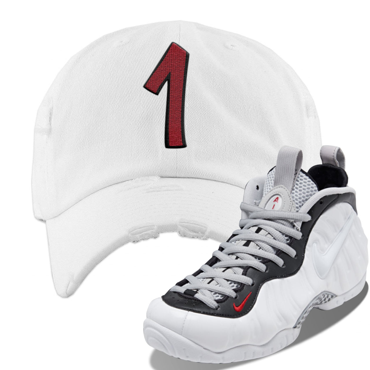 Foamposite Pro White Black University Red Sneaker White Distressed Dad Hat | Hat to match Nike Air Foamposite Pro White Black University Red Shoes | Penny One
