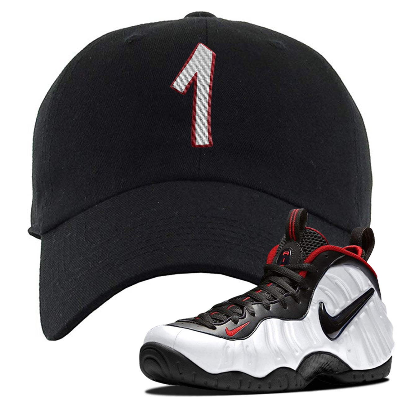Foamposite Pro White Black University Red Sneaker Black Dad Hat | Hat to match Nike Air Foamposite Pro White Black University Red Shoes | Penny One