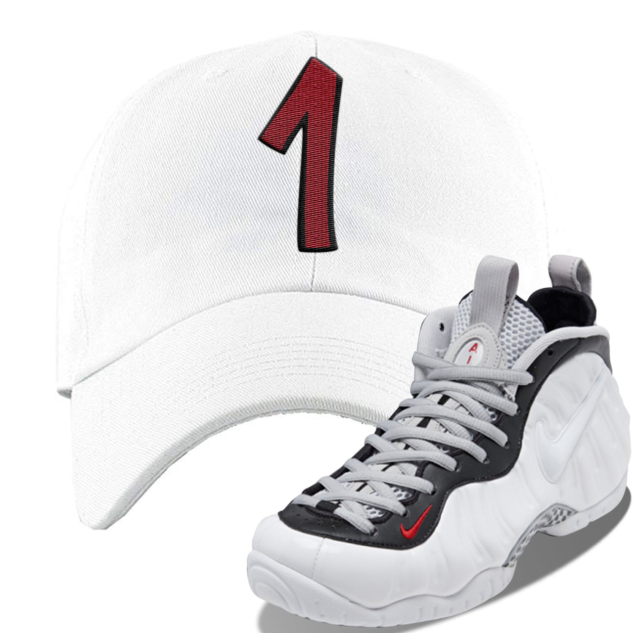 Foamposite Pro White Black University Red Sneaker White Dad Hat | Hat to match Nike Air Foamposite Pro White Black University Red Shoes | Penny One