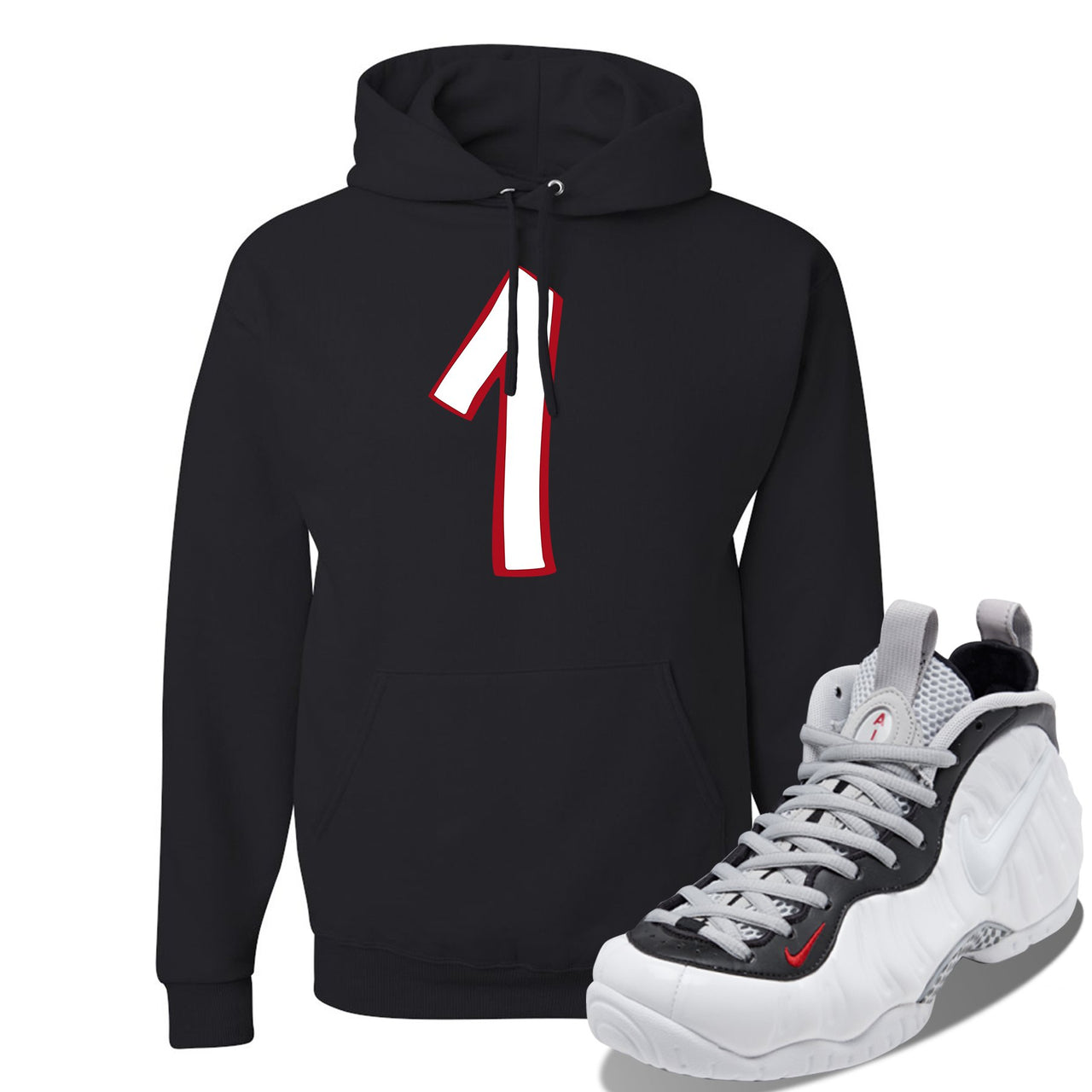 Foamposite Pro White Black University Red Sneaker Black Pullover Hoodie | Hoodie to match Nike Air Foamposite Pro White Black University Red Shoes | Penny One