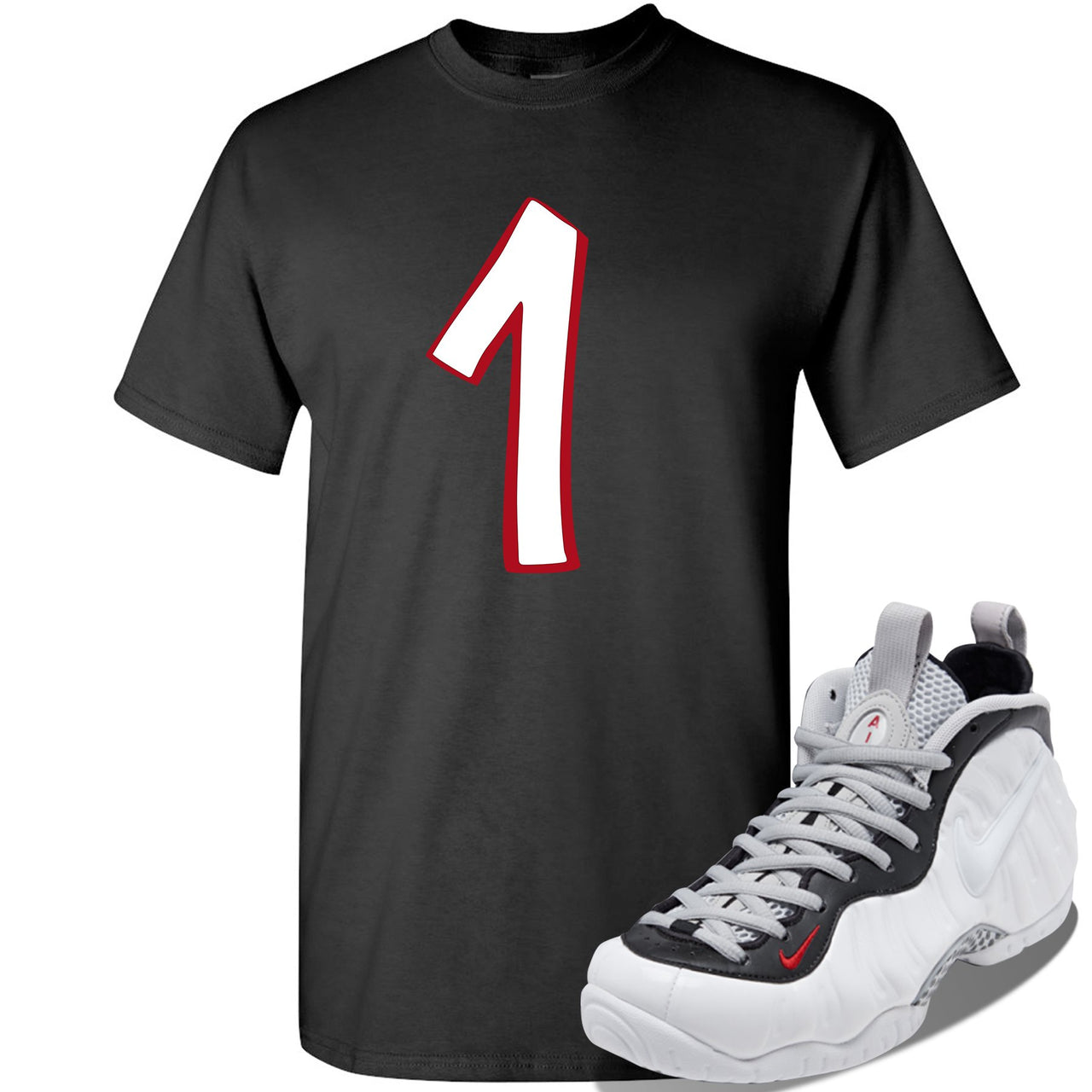 Foamposite Pro White Black University Red Sneaker Black T Shirt | Tees to match Nike Air Foamposite Pro White Black University Red Shoes | Penny One