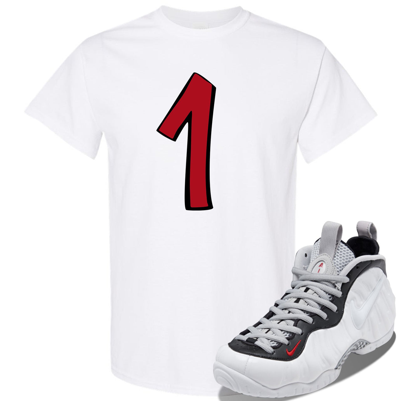 Foamposite Pro White Black University Red Sneaker White T Shirt | Tees to match Nike Air Foamposite Pro White Black University Red Shoes | Penny One