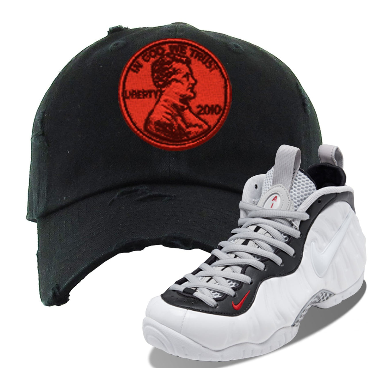Foamposite Pro White Black University Red Sneaker Black Distressed Dad Hat | Hat to match Nike Air Foamposite Pro White Black University Red Shoes | Penny
