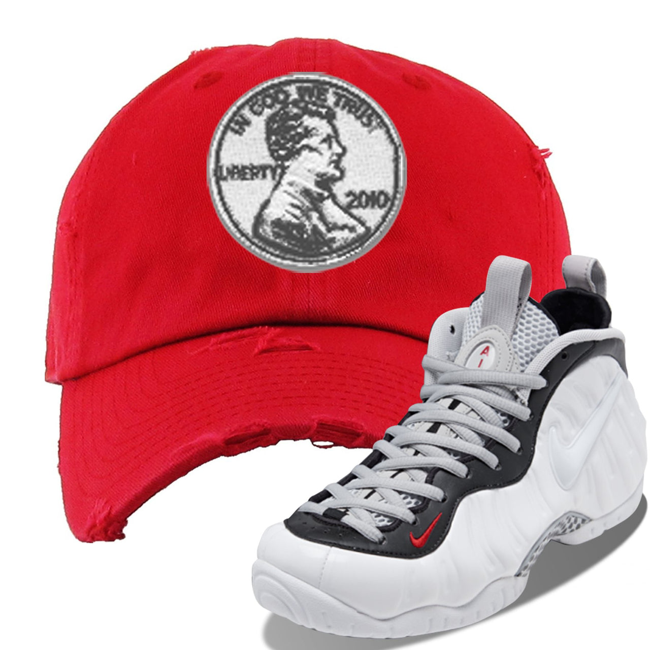Foamposite Pro White Black University Red Sneaker Red Distressed Dad Hat | Hat to match Nike Air Foamposite Pro White Black University Red Shoes | Penny