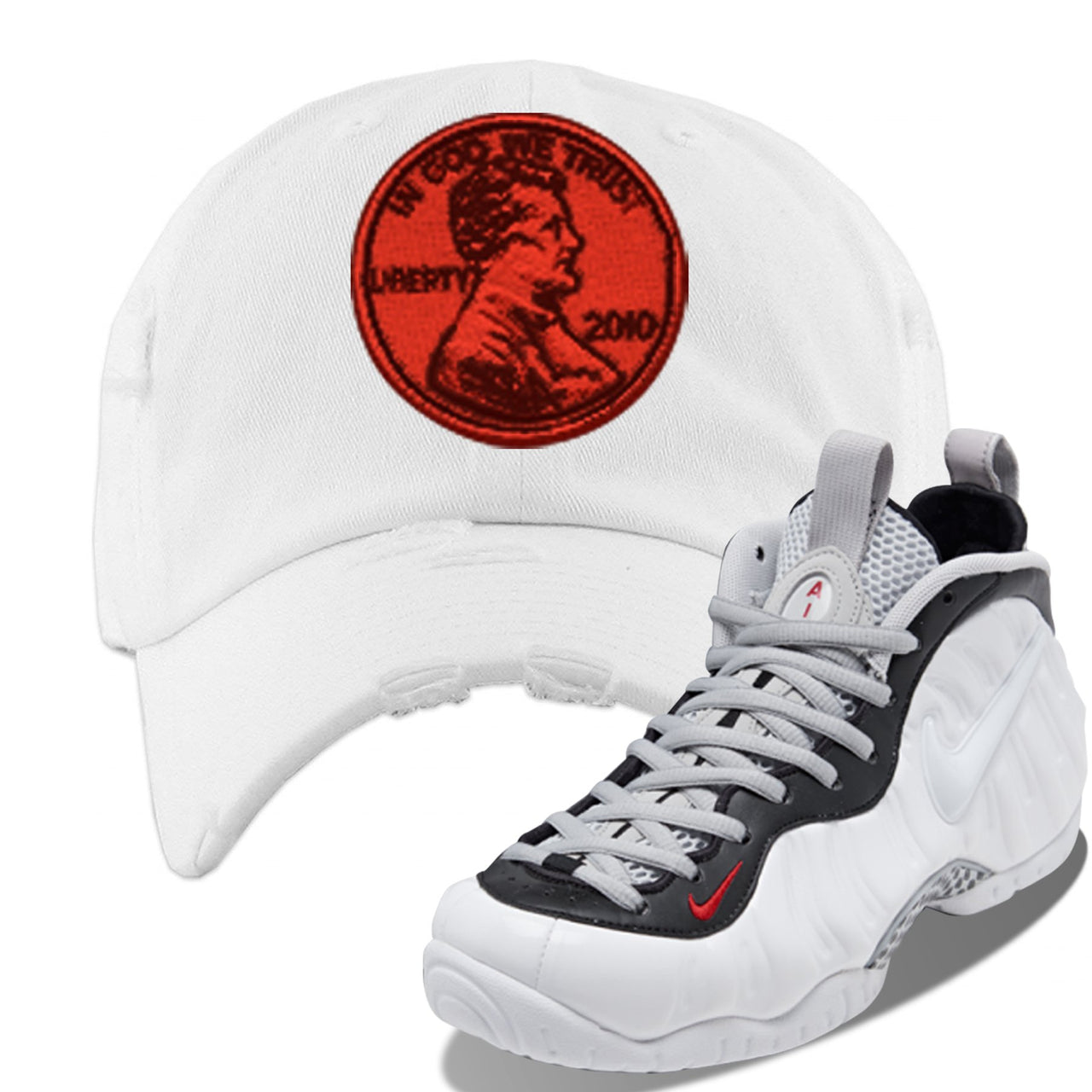 Foamposite Pro White Black University Red Sneaker White Distressed Dad Hat | Hat to match Nike Air Foamposite Pro White Black University Red Shoes | Penny