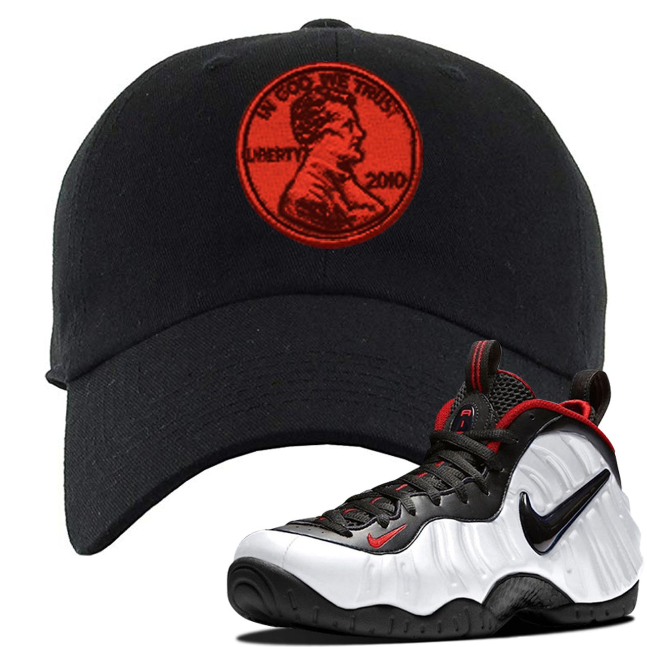 Foamposite Pro White Black University Red Sneaker Black Dad Hat | Hat to match Nike Air Foamposite Pro White Black University Red Shoes | Penny