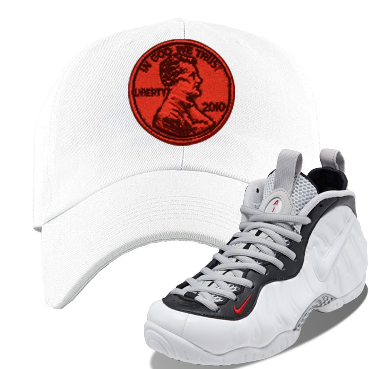 Foamposite Pro White Black University Red Sneaker White Dad Hat | Hat to match Nike Air Foamposite Pro White Black University Red Shoes | Penny