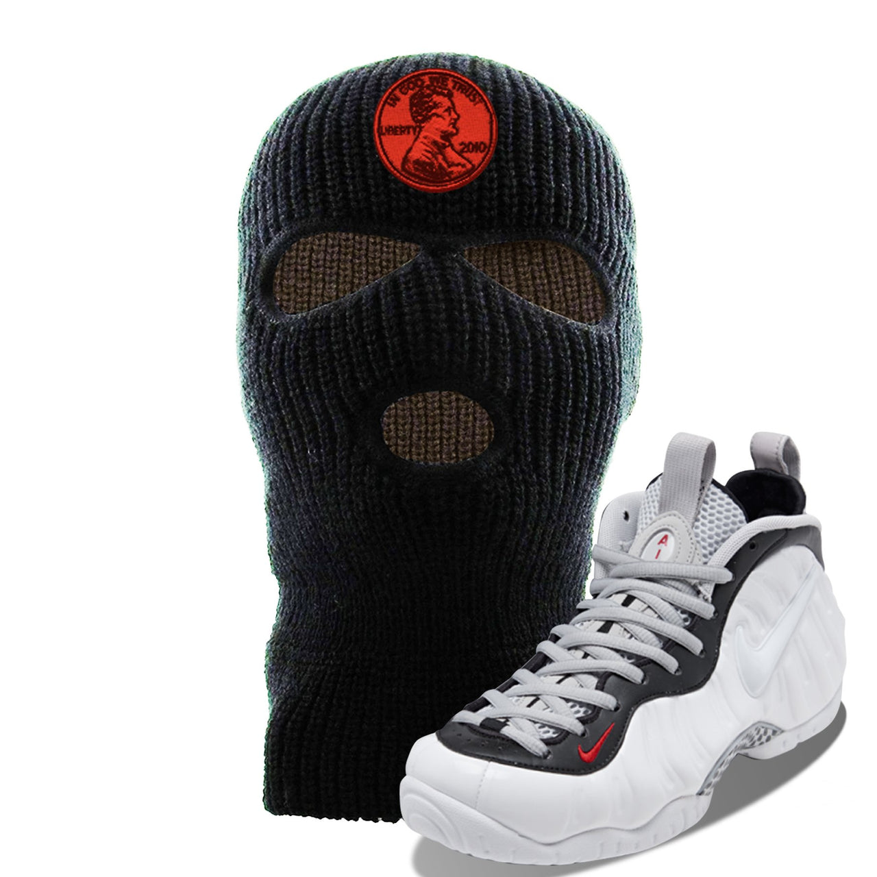 Foamposite Pro White Black University Red Sneaker Black Ski Mask | Winter Mask to match Nike Air Foamposite Pro White Black University Red Shoes | Penny