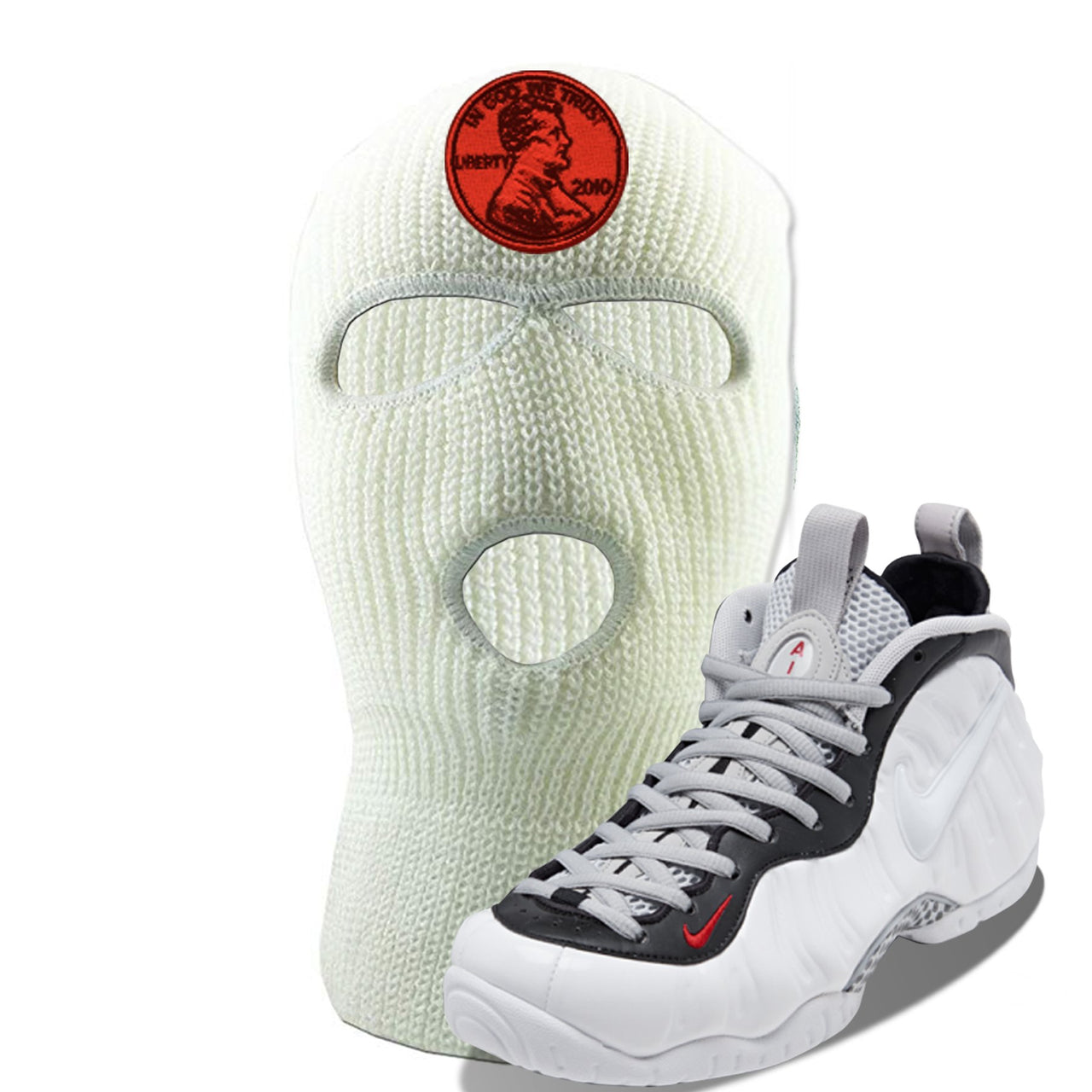 Foamposite Pro White Black University Red Sneaker White Ski Mask | Winter Mask to match Nike Air Foamposite Pro White Black University Red Shoes | Penny