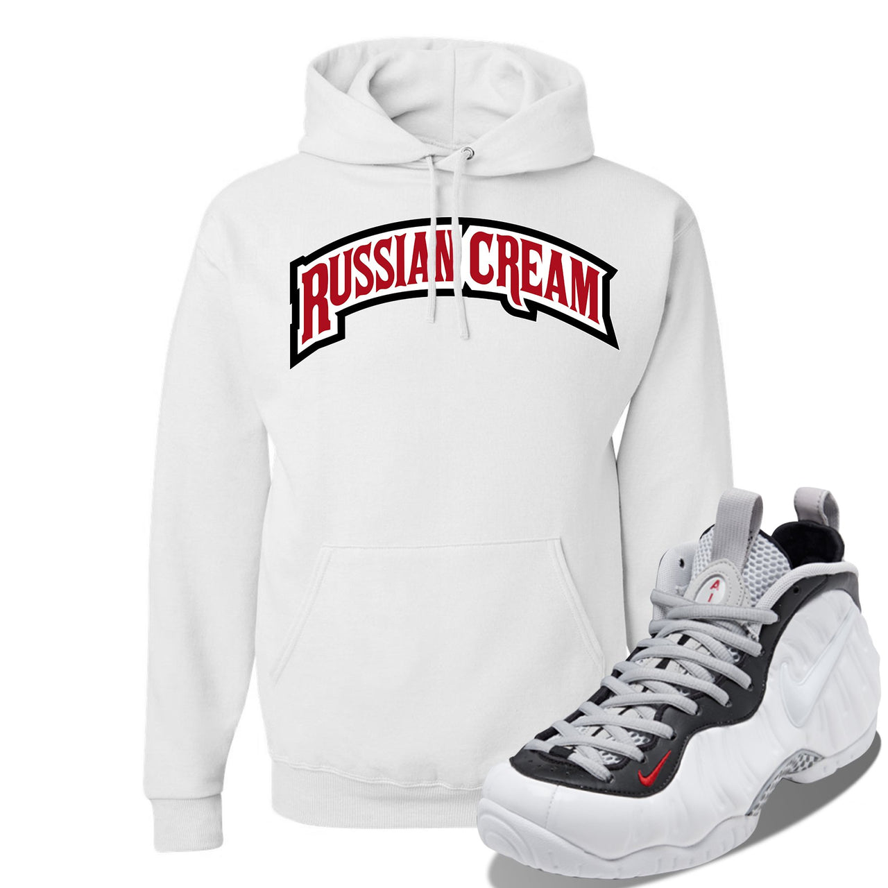Foamposite Pro White Black University Red Sneaker White Pullover Hoodie | Hoodie to match Nike Air Foamposite Pro White Black University Red Shoes | Russian Cream Arch