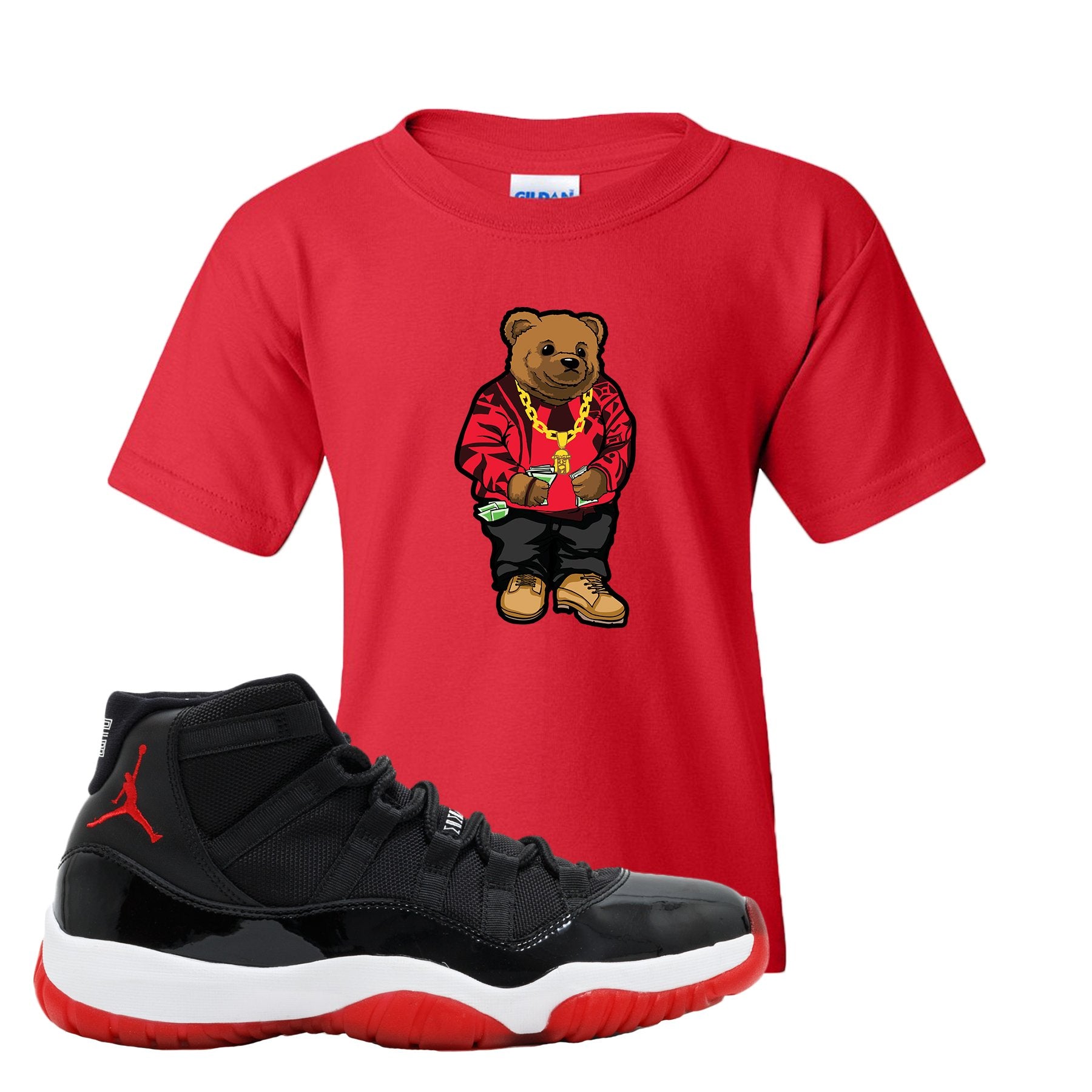 Jordan 11 Bred Sweater Bear Red Sneaker Hook Up Kid's T-Shirt