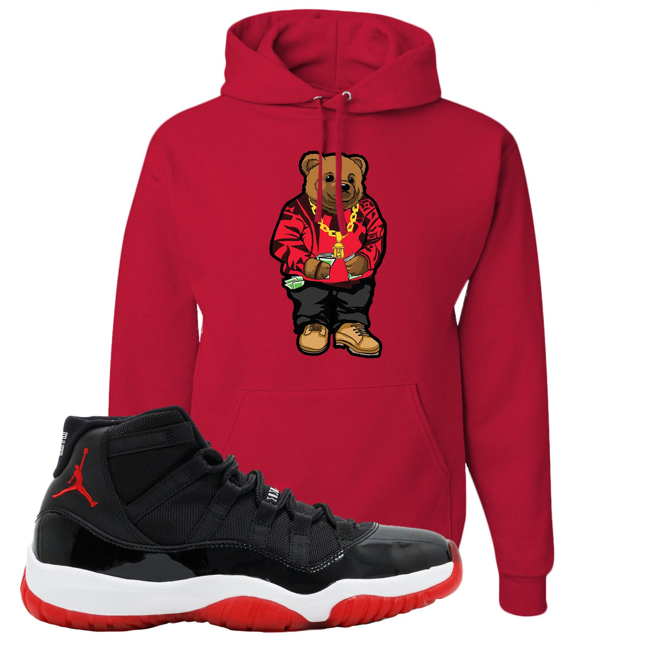 Jordan 11 Bred Sweater Bear Red Sneaker Hook Up Pullover Hoodie