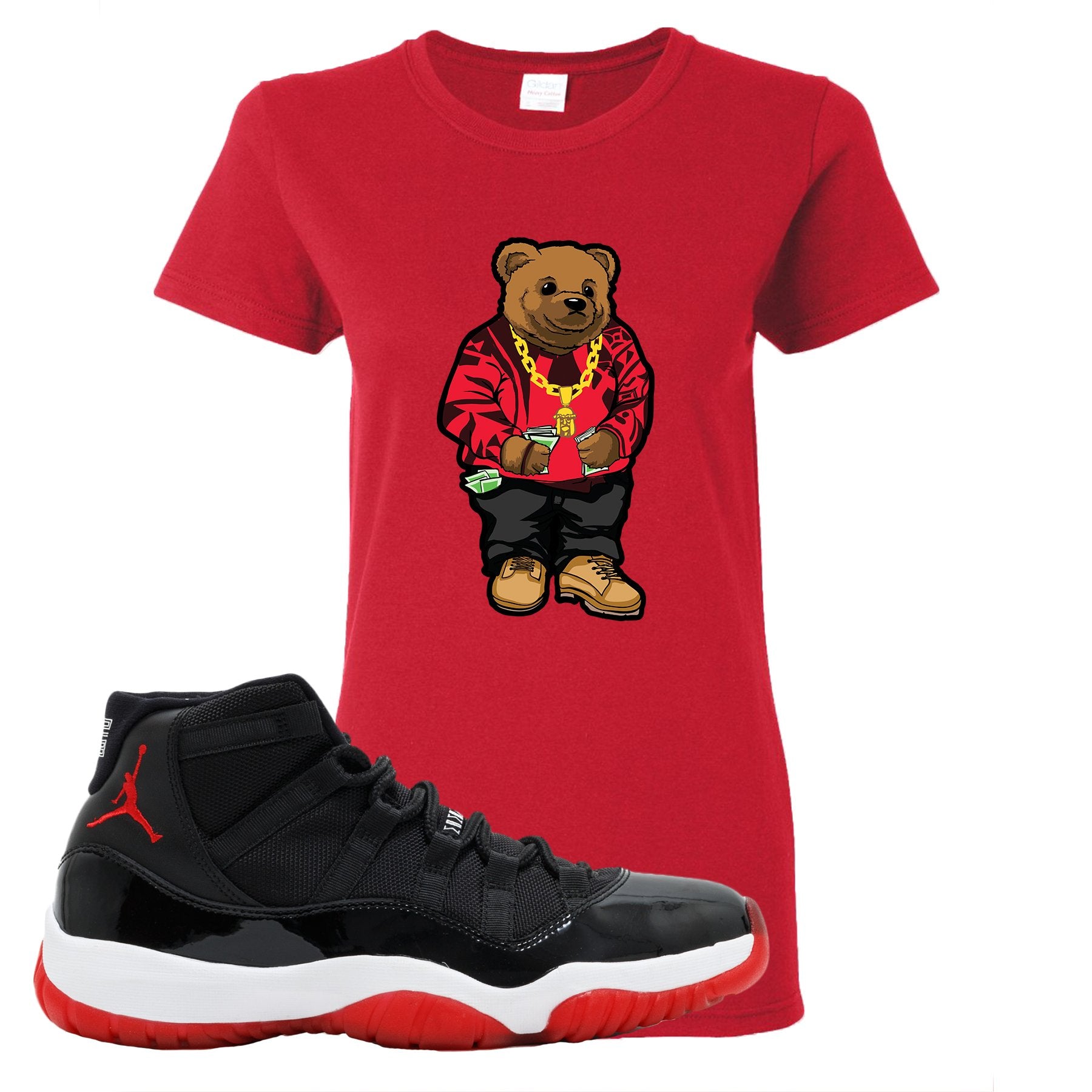 Jordan 11 Bred Sweater Bear Red Sneaker Hook Up Women's T-Shirt