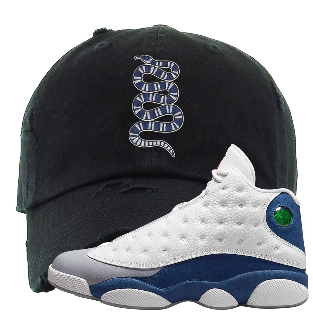 French Blue 13s Distressed Dad Hat | Coiled Snake, Black