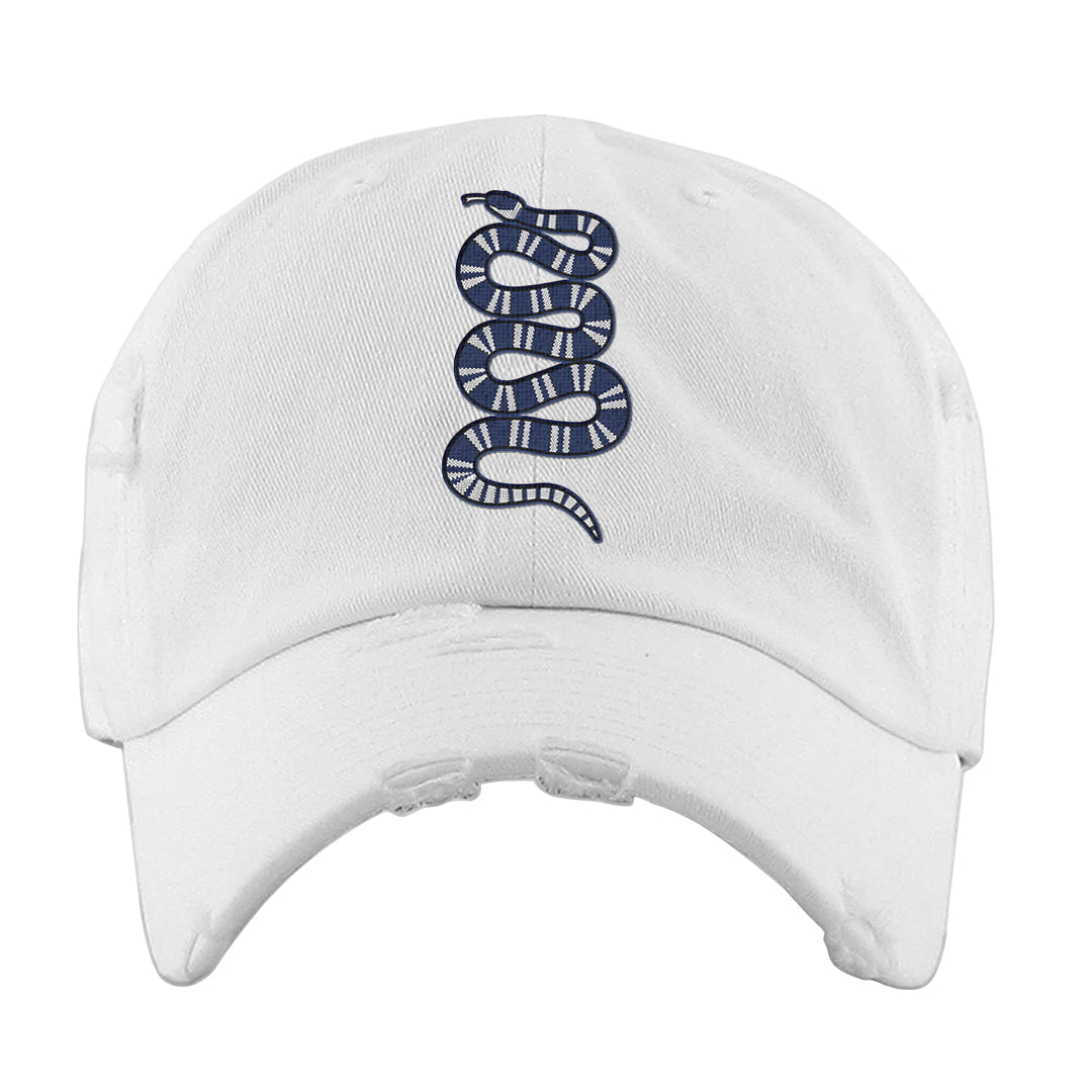 French Blue 13s Distressed Dad Hat | Coiled Snake, White