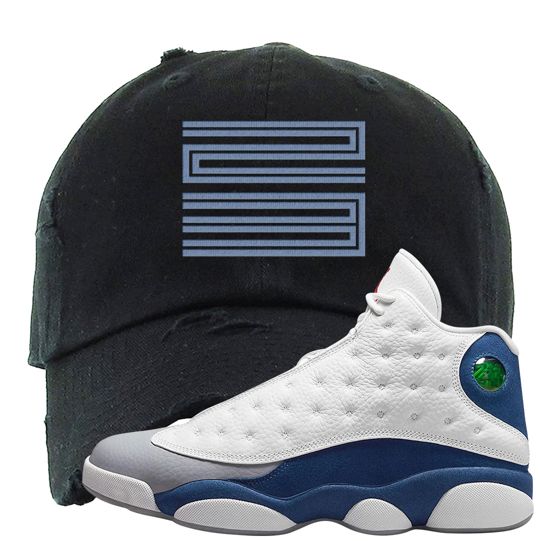 French Blue 13s Distressed Dad Hat | Double Line 23, Black