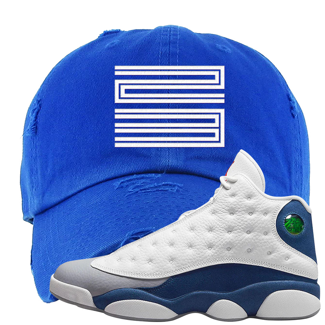 French Blue 13s Distressed Dad Hat | Double Line 23, Royal Blue